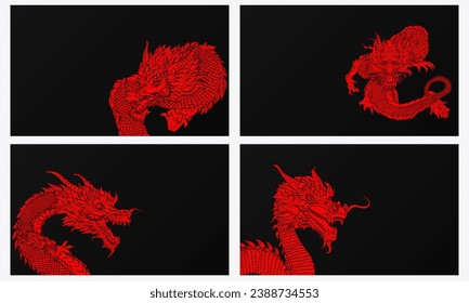 Template of black empty banner with red hand drawn solid angry scary dragons and space for text. Blank wallpaper with outline traditional Chinese Dragons. Tattoo in asian style