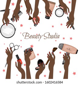 Template with black female hands that hold makeup items. Cartoon style. Vector illustration