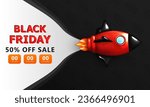 Template of Black Friday ad banner with 3d cartoon rocket and super sale countdown. Web page layout for advertisement with Up to 80% sale text and red spaceship. Marketing poster with discount info