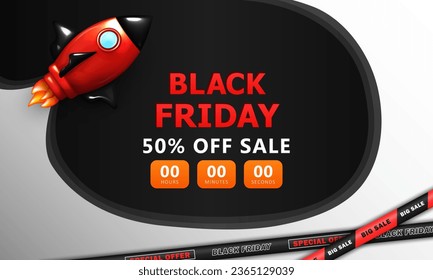 Template of Black Friday ad banner with 3d cartoon rocket and super sale countdown. Web page layout for advertisement with Up to 80% sale text and red spaceship. Marketing poster with discount info