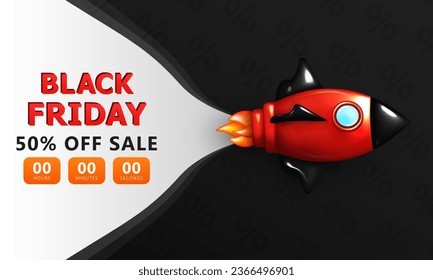 Vorlage von Black Friday und Banner mit 3D Cartoon Rakete und Superverkauf Countdown. Webseitenlayout für Werbung mit bis zu 80% Verkaufstext und rotem Raumschiff. Marketing-Poster mit Discount-Info