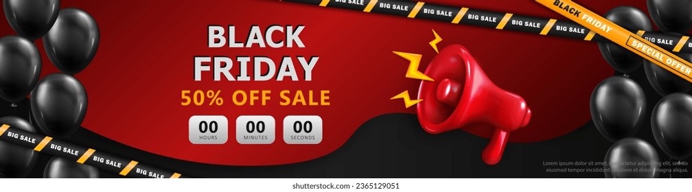 Template of Black Friday advertisement header with super sale countdown, red shouting megaphone, 3d black glossy balloons and striped barrier tapes. Promotional panoramic banner with discount timer