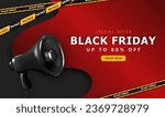 Template of Black Friday advertising  banner with super sale information, black shouting megaphone and striped barrier tapes. Layout of promo discount poster for social media post or web page