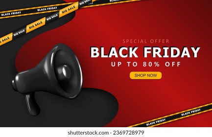 Plantilla de banner publicitario de Black Friday con información de superventa, megáfono de grito negro y cintas de barrera a rayas. Diseño del afiche de descuento promocional para publicación en medios sociales o página web