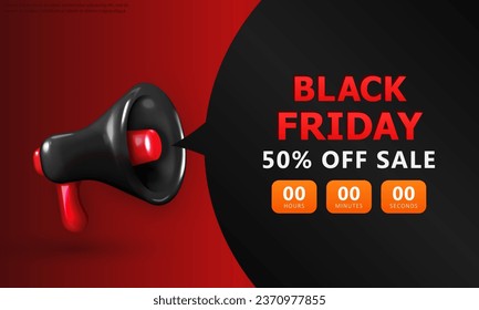 Vorlage von Black Friday Werbebanner mit Superverkauf Countdown und realistisches Schreien Megaphon. Layout des Promo Poster mit Discount Timer für Online-Shopping. Tapete mit Sonderangebot