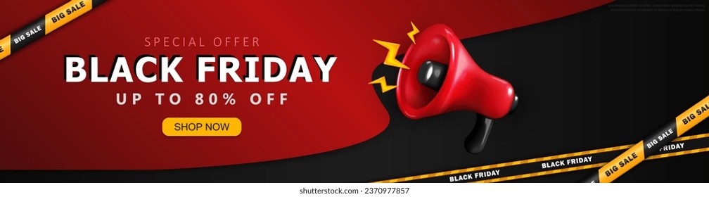 Template of Black Friday advertising panoramic banner with super sale information, red shouting megaphone and striped barrier tapes. Layout of promo discount header for social media post or web page