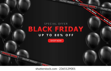 Plantilla de banner de Black Friday con publicidad de superventa, globos lacados 3d negros y cintas de barrera cruzadas. Afiche promocional, papel de pared oscuro con información de descuento y botón de tienda ahora