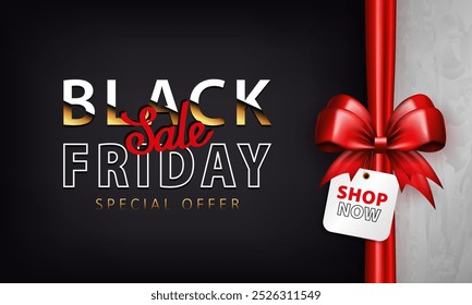 Plantilla de Anuncio de Black Friday con anuncio de venta súper y nudo de lazo rojo 3d con etiqueta de Precio. Cartel promocional, Fondo de pantalla negro con la etiqueta del descuento y la cinta brillante para el Sitio web o los medios sociales