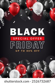 Modelo de banner Black Friday com anúncio super venda e balões 3d brilhantes com galhardetes, fitas de bobina. Cartaz promocional, papel de parede escuro com informações de desconto para o site ou mídias sociais