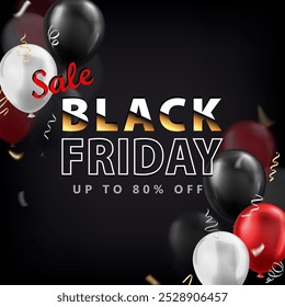 Modelo de banner Black Friday com anúncio super venda e balões 3d brilhantes com galhardetes, fitas de bobina. Cartaz promocional, papel de parede escuro com informações de desconto para o site ou mídias sociais