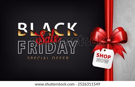 Template of Black Friday banner with super sale advertisement and 3d red bow knot with price tag. Promotional poster, black wallpaper with discount label and glossy ribbon for website or social media