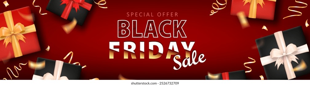 Plantilla de Anuncio panorámico Black Friday con publicidad SALES y muchas cajas de regalo realistas en 3D con confeti dorado. Cabecera roja de la promoción, tarjeta del descuento con los paquetes presentes para el acontecimiento de compras
