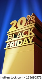 Template for BLACK FRIDAY sale in 20th century fox style with volumetric letters, building and spotlights. Twenty percent OFF. Vector illustration for discount, shop, flyer, cards, promo, ad.