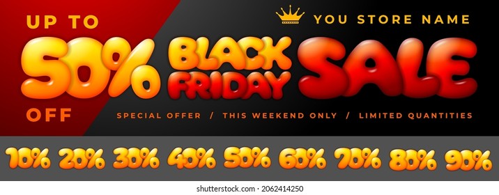 Template for Black Friday Sale advertising banner. Various percentage signs in set. Bright, fun and festive design. Offer discount on shopping day. Vector illustration. 