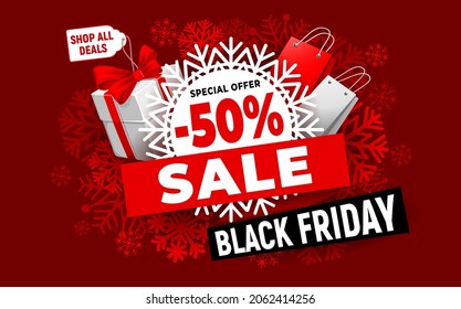 Vorlage für Black Friday Sale Werbebanner, Poster oder Flyer. Helles, lustiges und festliches Design mit Geschenkbox und Einkaufstaschen. Ermäßigung am Einkaufstag. Vektorgrafik. 