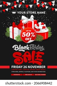 Template for Black Friday Sale advertising banner, poster or flyer. Bright, fun and festive design with flags and stack of gift boxes. Offer discount on shopping day. Vector illustration. 
