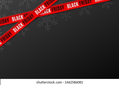 Template for Black Friday sale on black background. Crossed red ribbons with text. Snowflakes background. Super seasonal sale. Festive graphic elements. Vector illustration. EPS 10