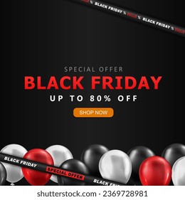 Template of Black Friday square banner with super sale advertisement, 3d glossy balloons and crossed barrier tapes. Promotional poster, dark wallpaper with discount info and shop now button