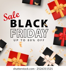 Modelo de banner quadrado Black Friday com anúncio super venda e lotes de caixas de presente 3D realista com confete dourado. Cartaz promocional, cartão de desconto com pacotes presentes para eventos de compras