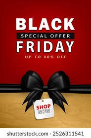 Template of Black Friday vertical banner with super sale advertisement and 3d red bow knot with price tag. Promo poster, black card with discount label and glossy ribbon for website or social media