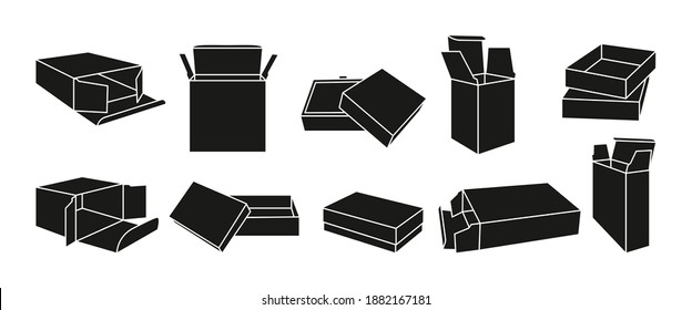 Template black glyph box set. Silhouette product packaging gift boxes collection. Opened, closed paper package. Blank shape cardboard for design or branding. Vector illustration