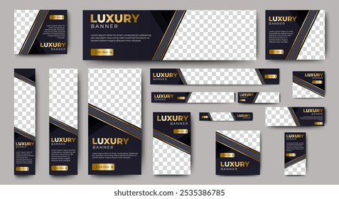 Template of black and gold banners of standard size for the web. Design with triangular elements for a photo. Vector illustration. Set
