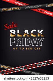 Vorlage von schwarzen Plakat mit realistischen gekreuzten Bändern mit Text - Großverkauf, Black Friday. Vertikales Promo-Banner mit Werbetext und 3D-Barrikaden-Tapes, Rabattstreifen für Online-Shopping 
