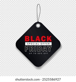 Template of black realistic price tag for Black Friday shopping event on transparent background. Discount paper label, sticker with string for hanging. Super SALE, special offer, best price, hot deal