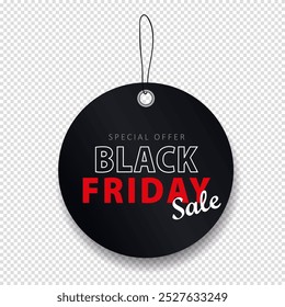 Template of black realistic price tag for Black Friday shopping event on transparent background. Discount paper label, sticker with string for hanging. Super SALE, special offer, best price, hot deal
