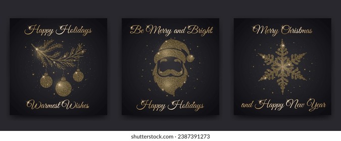 Template of black shiny Christmas and New Year greeting cards. Xmas elements and gold glitter decorations. Design concept for web banner, invitations, posters, flyers.