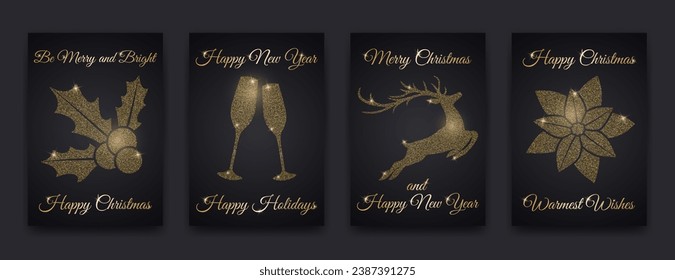 Template of black shiny Christmas and New Year greeting cards. Xmas elements and gold glitter decorations. Design concept for web banner, invitations, posters, flyers.