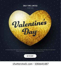 Template of a black square banner with a heart of gold for Sale On Valentine's Day. Design of vector greeting card, e-mail, with text and button.