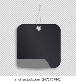 Template of black square price tag with blank space for text on transparent background. Mock up of discount paper label, shopping card, promotion badge, sticker or gift tag with a string for hanging