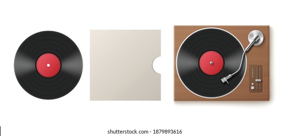 Template of black vinyl disk, music album paper cover and turntable, realistic vector illustration isolated on white background. Mockup of sound recording vinyl.