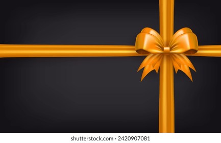 Template of black wallpaper with realistic 3d golden bow knot with crossed ribbons. Banner with yellow criss-cross tied bow with silk tape as gift box wrapping element or present decor for holidays