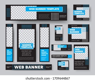 Template of black web banners, with place for photo, with blue geometric elements, for presentation design.Set of standard posters with vector illustration,for advertising on social media,online store