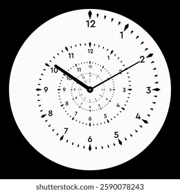 Template black and white clock face. Spiral as timeline, impossible optical illusion.