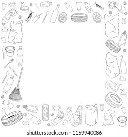 Template with black and white different kinds of garbage and bags isolate on white background. The concept of ecology and World Cleanup Day.