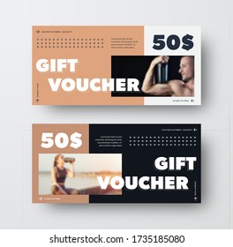 Plantilla de vales de regalo en blanco y negro, con inserto y flechas marrones, con lugar para la foto. Presentación del diseño de la tarjeta de descuento vectorial con ilustración abstracta, oferta especial y descuentos