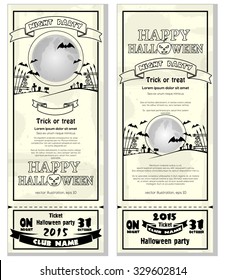 Template black and white grunge flyer invitation for Halloween night party. Full moon over the cemetery.