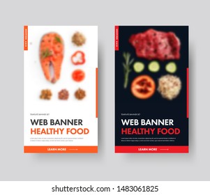 Template of black and white vector vertical web banner with proper nutrition with place for photo. Design with orange and red buttons.