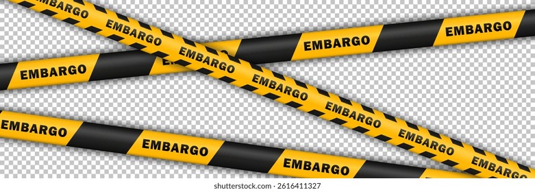 Template of black and yellow striped warning lines with EMBARGO text isolated on transparent background. Seamless barricade ribbons for trade restrictions. 3d endless barrier tapes for economic zones
