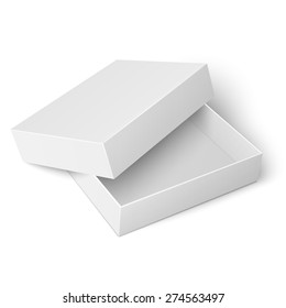 Template of blank cardboard box with opened lid lying on white background Packaging collection. Vector illustration.