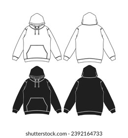 Template blank flat Black hoodie. Hoodie sweatshirt with long sleeve flatlay mockup vector illustration flat design outline