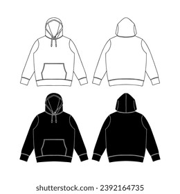 Template blank flat Black hoodie. Hoodie sweatshirt with long sleeve flatlay mockup vector illustration flat design outline