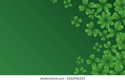 Template of blank green wallpaper with realistic clover border and empty space. Web banner with cartoon trefoil as an Irish symbol, sign of luck, fortune. Background with shamrock for St Patrick Day