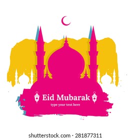 Template blank greetings illustration with islam east style with text "Eid Mubarak" - "Happy Holiday" in arabic