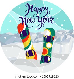 Template, blank of New Year's card, flyer, invitation card, poster or banner with mountains, snowboards, snow and handwritten lettering Happy New Year. Circle vector emblem. New Year at the ski resort