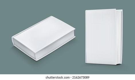 Template of blank paper book with white cover. Vector realistic mock up of 3d standing and lying closed catalog, big textbook, diary or dictionary with empty hardcover