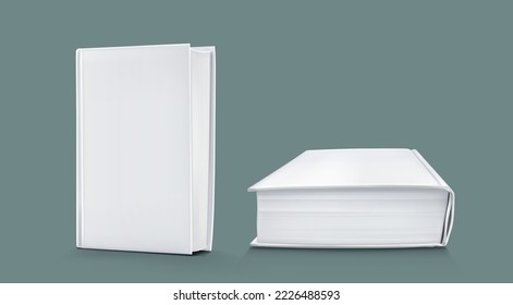 Template of blank paper book with white cover. Vector realistic mock up of 3d standing and lying closed catalog, big textbook, diary or dictionary with empty hardcover